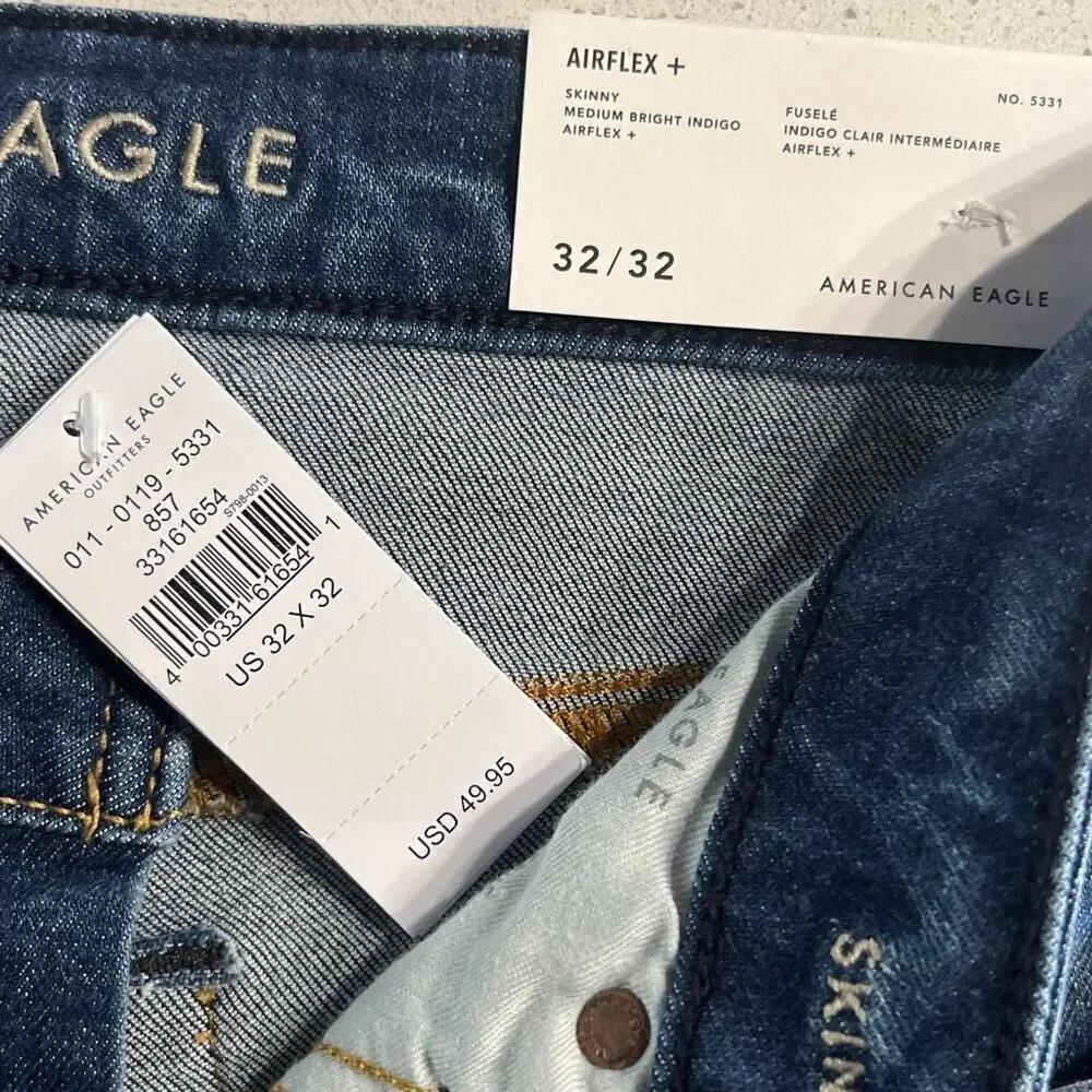 NWT American Eagle Airflex + Skinny Medium Bright Indigo 32/32